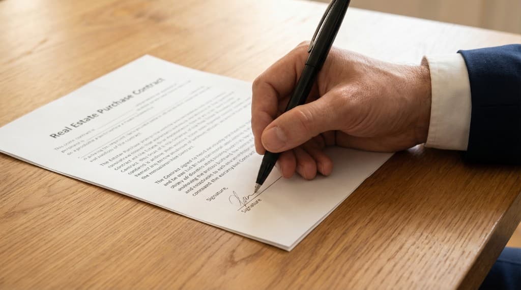 Vertragsunterzeichnung beim Immobilienverkauf mit Rechtsanwalt